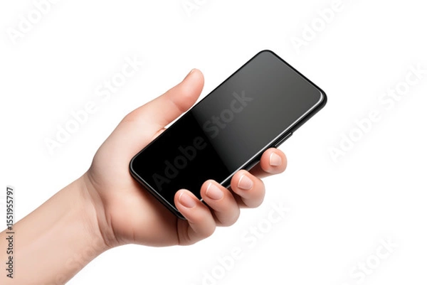 Obraz Hand holding a modern smartphone with a blank screen, isolated on a transparent background