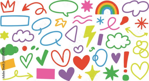Fototapeta Vibrant Hand-Drawn Doodle Elements Collection A Burst of Playful Shapes Arrows Hearts Stars Clouds and More for Creative Designs and Engaging Visuals on Black Backdrop