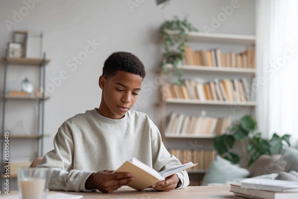 Obraz Teen boy reading notebook at desk in bright organized room