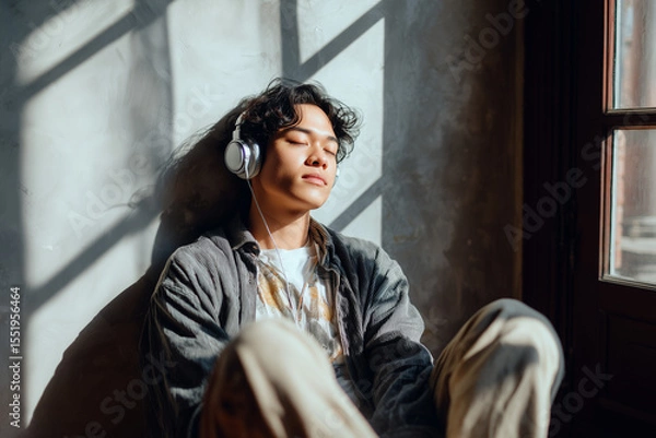 Obraz Young Asian man with headphones relaxing by window in soft light
