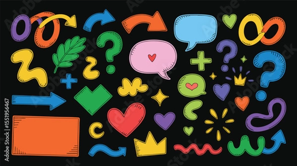 Fototapeta Whimsical Doodle Elements Assortment A Colorful Array of Hand-Drawn Arrows Speech Bubbles Hearts Question Marks and More for Playful Designs on Black Background