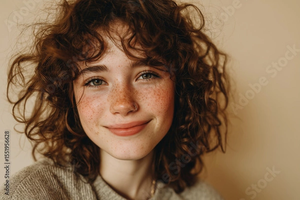 Obraz Young girl with curly hair smiling softly near bright window