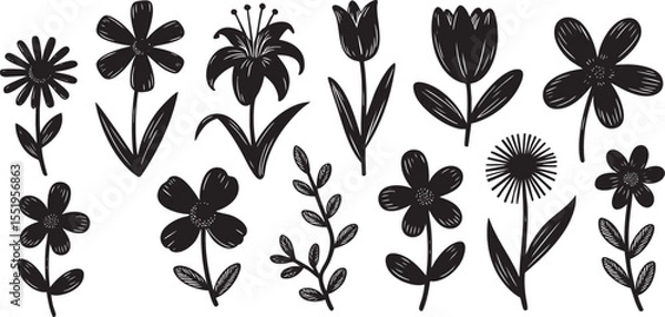 Fototapeta Botanical Silhouette Collection A Diverse Array of Floral Elements for Creative Designs Featuring Flowers, Leaves, and Stems in Elegant Dark Shapes on Black Backdrop