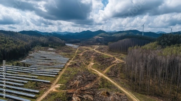 Fototapeta Contrasting image solar farm next to deforested area