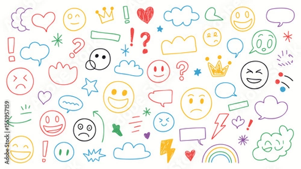 Fototapeta Whimsical Doodle Emoticons A Playful Array of Hand-Drawn Expressions and Symbols for Adding a Touch of Fun and Personality to Designs on White Canvas