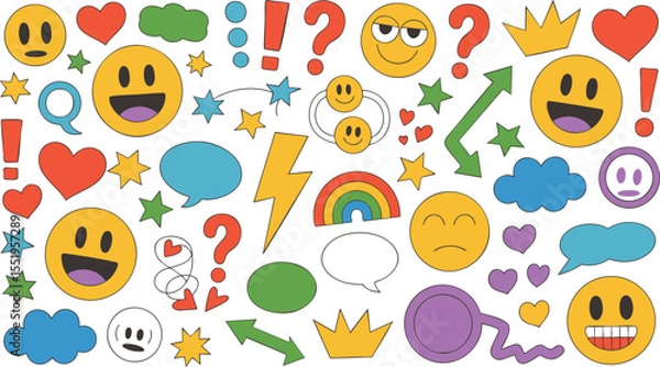 Fototapeta Colorful Emoji and Symbol Collection A Vibrant Assortment of Expressive Faces, Hearts, and Icons for Adding Personality and Emotion to Designs on Black Backdrop