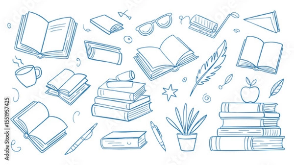 Fototapeta Scholarly Doodle Collection A Hand-Drawn Assortment of Books, Stationery, and Academic Elements for Educational and Creative Designs on White Background