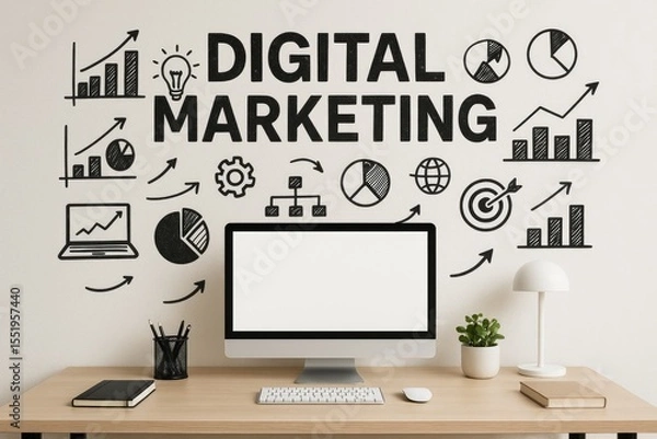 Obraz Digital Marketing Workspace Modern Computer Desk Setup Black and White Graphics Charts Graphs