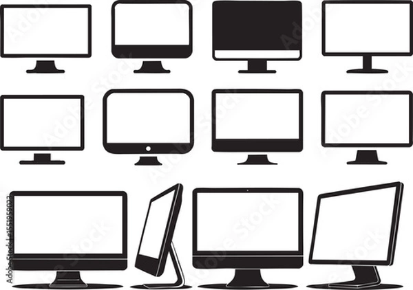 Fototapeta Sleek Computer Monitor Icon Set for Technology and Business Presentations, Featuring Various Screen Styles and Display Angles for Modern Designs