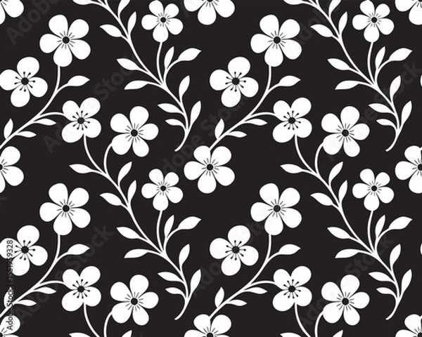 Fototapeta Floral Pattern Background with White Flowers and Branches on Black Backdrop for Textile Design, Wallpaper, and Wrapping Paper - Seamless Vector Illustration