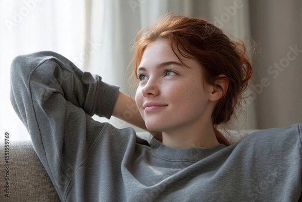 Obraz Teen girl relaxing on neutral sofa gazing calmly toward window