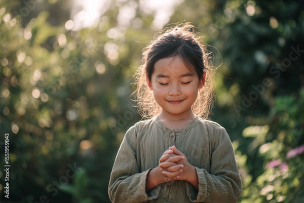 Obraz Young Asian girl smiling softly in sunlit garden with blurred greenery