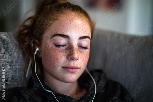 Obraz Teen girl with freckles listening to music on sofa with headphones