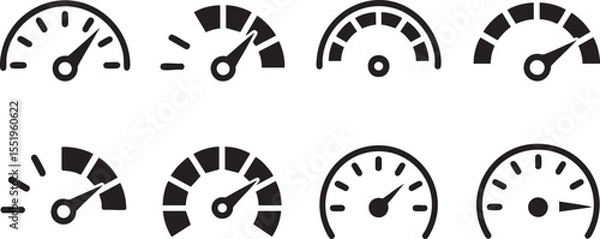 Fototapeta Speedometer Gauge Icon Set: Performance Measurement Symbols for Dashboard Design, Progress Tracking, and Automotive Illustrations on a Black Backdrop