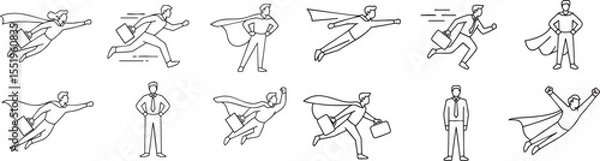 Fototapeta Superhero Businessman Action Poses: Dynamic Line Art Illustrations of Corporate Professionals with Capes on a Black Background for Design Projects