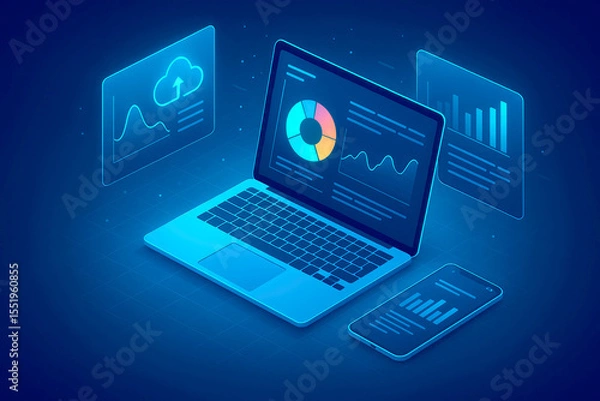 Obraz Isometric View of Blue Laptop Displaying Data Charts Graphs and Smartphone with Cloud Upload Icon