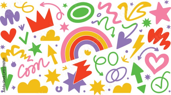 Fototapeta Colorful Doodle Elements on Black Backdrop A Whimsical Vector Illustration Featuring Rainbows, Hearts, Stars, and Abstract Shapes for Creative Designs and Artistic Projects