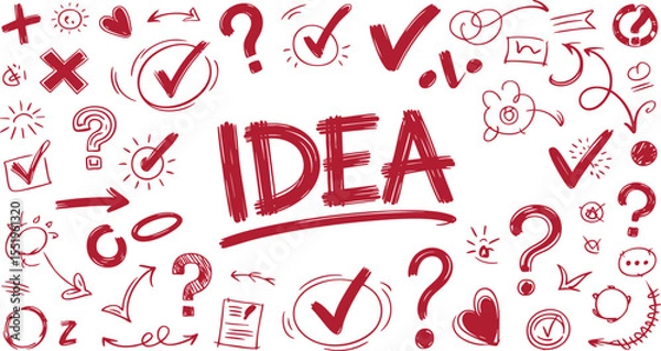 Fototapeta Idea Concept Vector Illustration with Check Marks, Question Marks, Arrows, and Scribbles on Black Background A Creative Visual Representation of Innovation