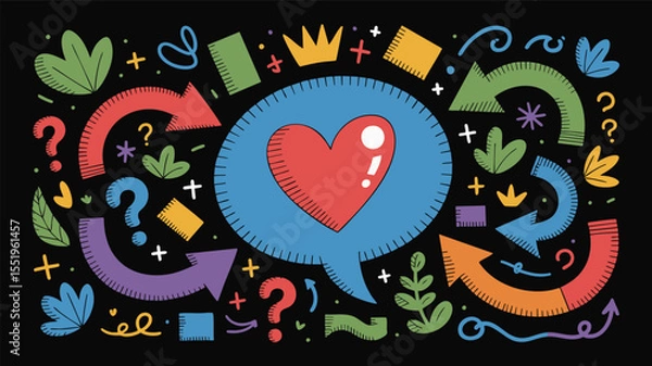 Fototapeta Heartfelt Communication Doodle with Arrows and Foliage A Vibrant Vector Illustration of a Heart in a Speech Bubble Surrounded by Arrows, Plants, and Geometric Shapes