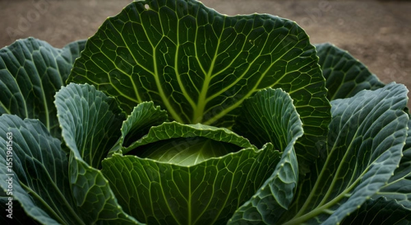 Fototapeta Close Up of a Vibrant Green Cabbage Head with Detailed Veins