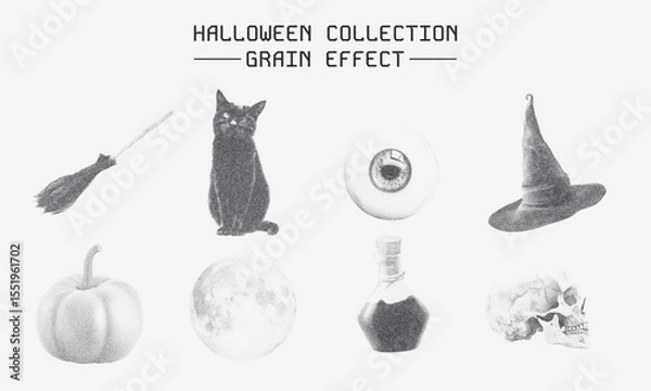 Fototapeta Spooky Halloween noisy photocopy elements including cat, broom, skull, and more in a monochrome grain texture style. Great for seasonal designs and print projects