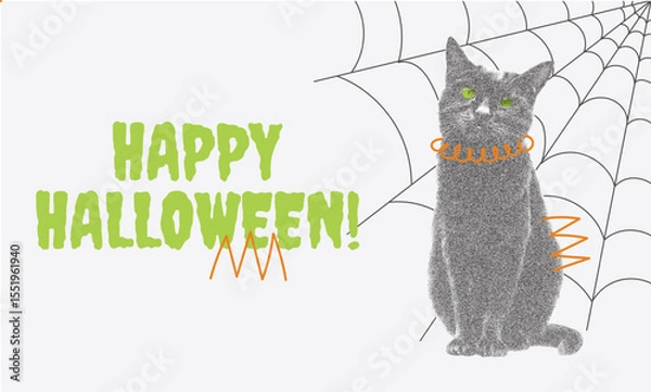 Fototapeta Happy Halloween Greeting with Black Cat in grainy effect