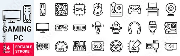 Fototapeta Gaming PC web line icons. Computer and Hardware. RAM memory, ssd cpu processor. Keyboard mouse headphone speakers, laptop monitor server. Webcam. Editable stroke.