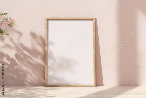 Fototapeta Blank Wooden Frame Mockup with Flower and Leaf Shadows
