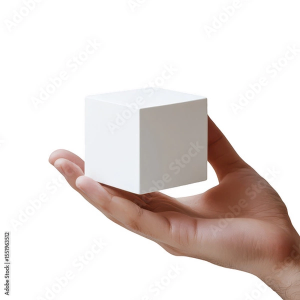 Fototapeta White cube held in hand isolated on transparent background