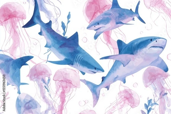 Fototapeta Dynamic Shark and Jellyfish Underwater Scene Illustration
