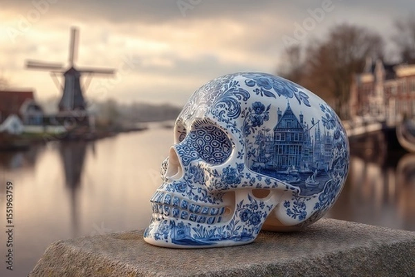 Fototapeta Traditional Dutch Delftware Skull with a Canal View