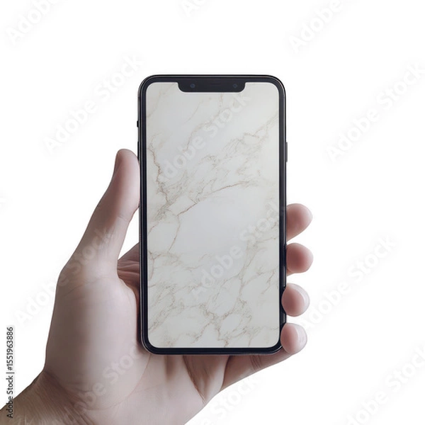 Fototapeta Hand holding smartphone with marble background isolated on transparent background