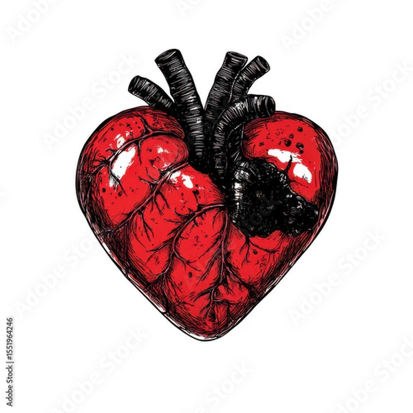 Fototapeta Realistic red human heart anatomy drawing isolated on transparent background
