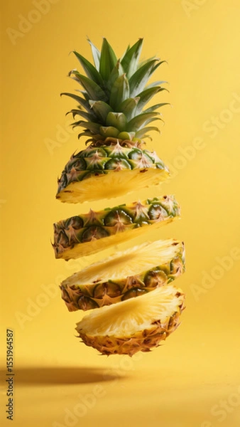 Fototapeta A pineapple floating motionlessly in a zero-gravity environment. The pineapple is partially sliced.