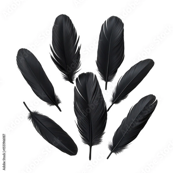 Fototapeta Seven black feathers isolated on transparent background