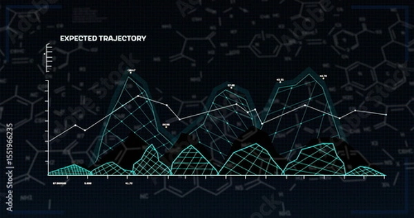 Obraz Displaying 3D mesh graph showing peaks on dashboard, with white trajectory line and axes ticks