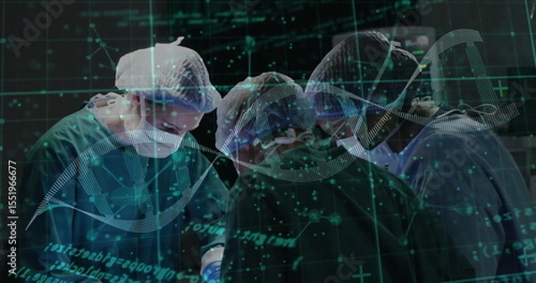 Obraz Performing surgery five surgeons wearing scrubs on table in OR under light, with DNA overlay