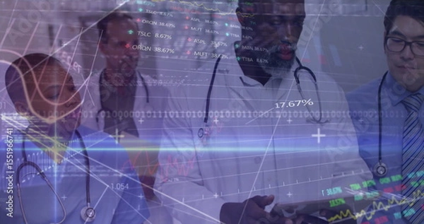 Obraz Holding tablet, doctor in lab coat leading medical team analyzing data in hospital lab, with charts
