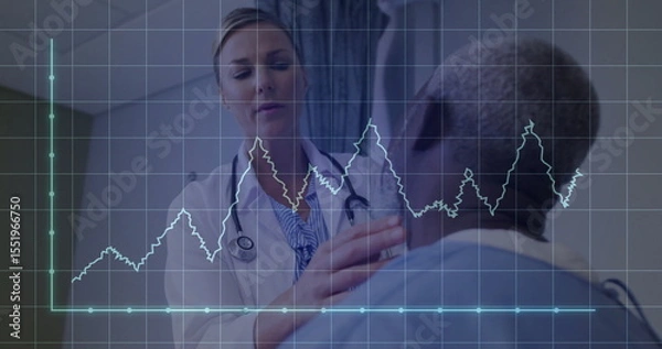 Obraz Doctor examining patient neck in clinic, with stethoscope, gown and translucent graph grid overlay
