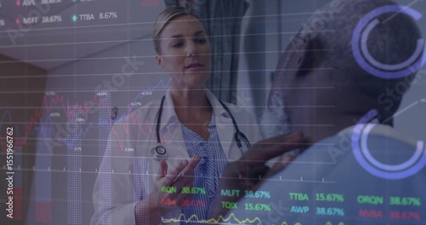 Obraz Doctor in lab coat with stethoscope evaluating gowned man touching neck in clinic, charts overlay