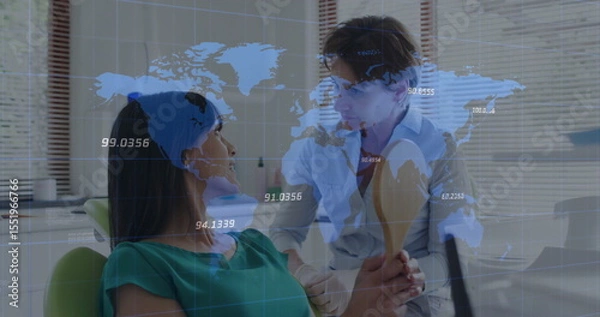 Obraz Dentist in lab coat inspecting patient's mouth at dental clinic, with mirror and world map overlay