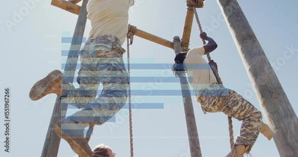 Obraz Climbing trainees in camouflage pants and boots ascending ropes on obstacle course, wooden beams