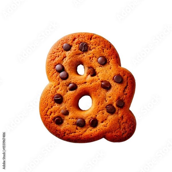 Fototapeta Ampersand sign shaped like a chocolate chip cookie, golden-brown with realistic cracks and melty chips. Soft, puffy, and playful, perfect for food-themed designs or sweet branding
