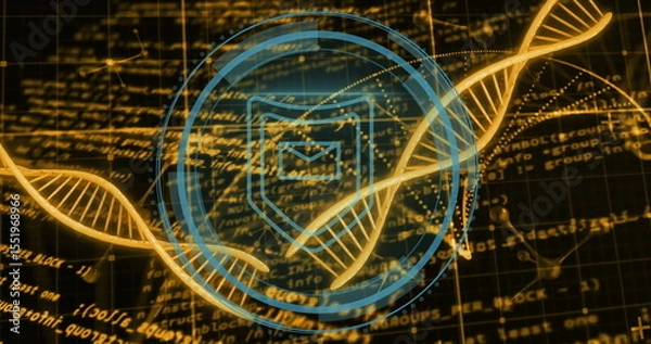 Obraz Floating holographic interface in cyber grid, with golden DNA helices and shield envelope icon