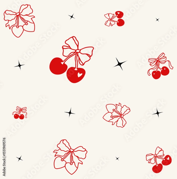 Obraz Seamless Red Bows & Cherries Pattern. Cute Holiday Festive Background.