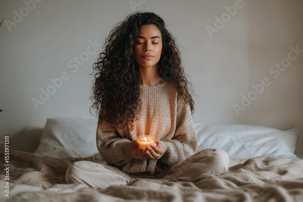 Obraz Girl holding candle with eyes closed on soft bed in calm light
