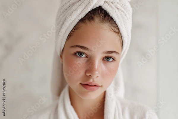 Obraz Teen girl wrapped in towel standing by mirror in clean bathroom