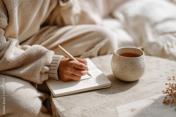 Obraz Young woman journaling at table with tea in bright cozy space