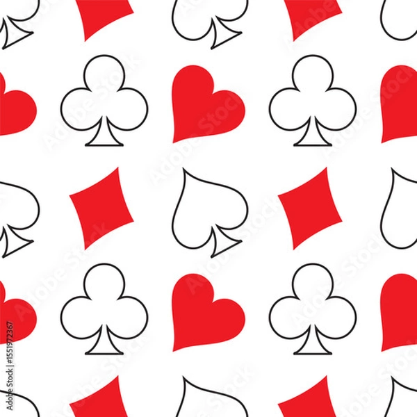 Fototapeta Seamless pattern of playing card symbols. Spades, clubs, hearts, diamonds isolated on a white background. Vector illustration