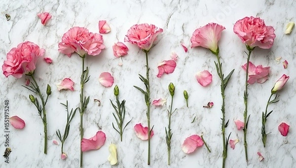 Fototapeta Photo of pink carnations and petals on a white marble background, top view with copy space for text